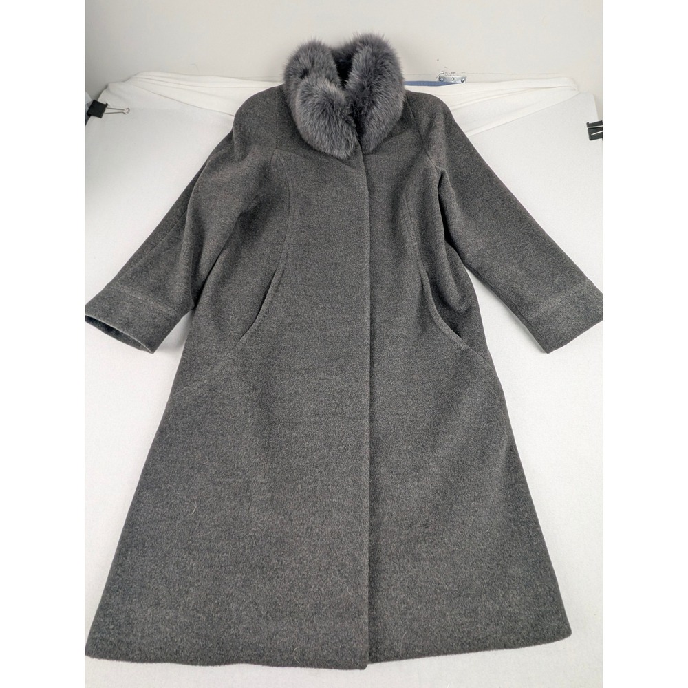 Albert Nipon Womens 10 Wool Fox Fur Trim Coat Charcoal Grey Longline 891697L - Picture 3 of 15